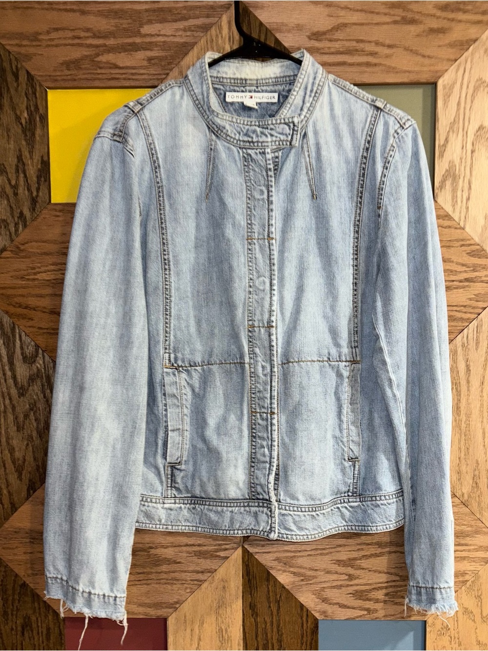 Vintage Y2K Tommy Hilfiger Denim Jacket Raw Light Wash Distressed Collarless XL
